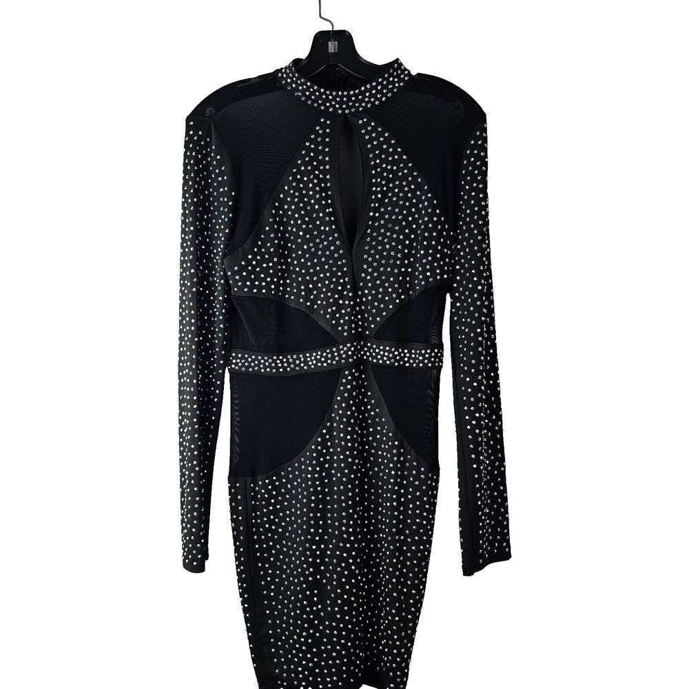 Fashion Nova‎ Women's Rhinestone Cocktail Dress Black Mesh LS Clubwear Sexy Mini